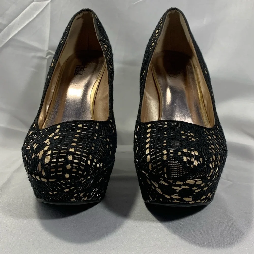 Charlotte Russe Black Lace Over Gold Satin Platform Wedge Heels